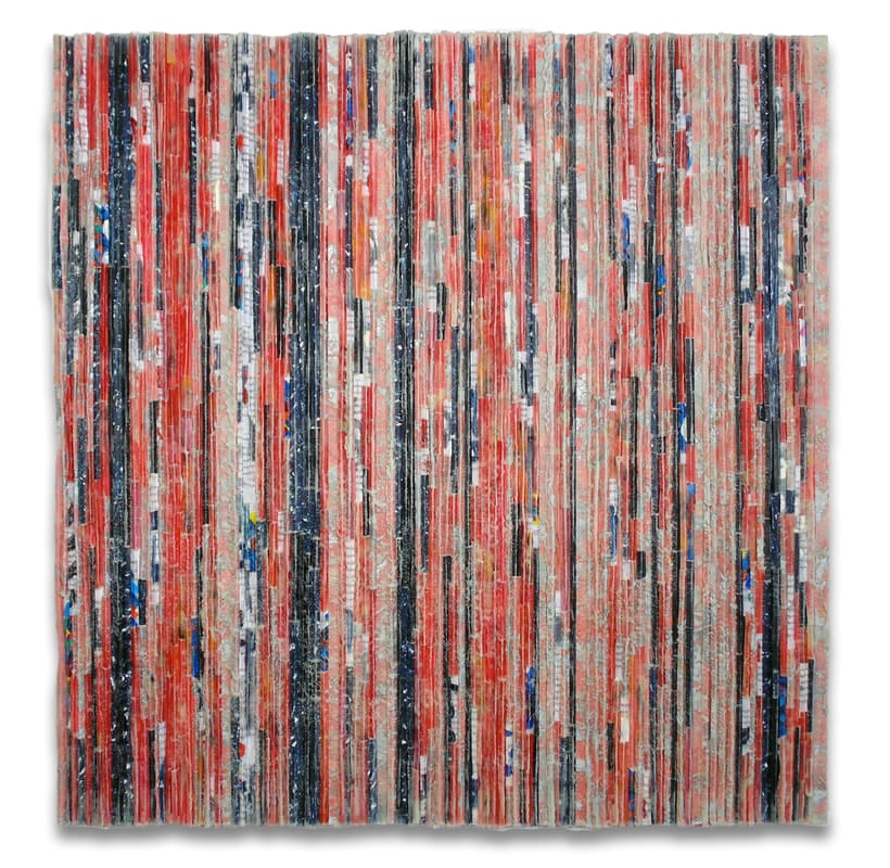 A painting of red and blue stripes on canvas.